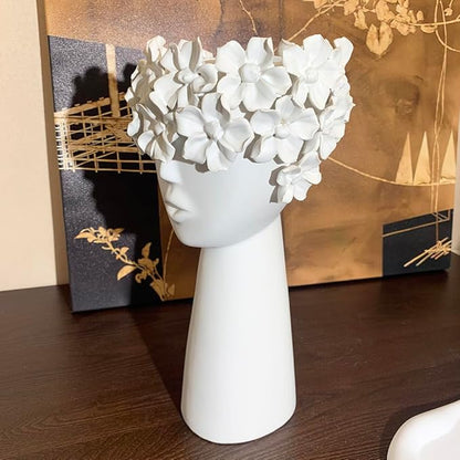 Ceramic Sculpture Female Head Face Flower Vase Decoration, Unique White Centerpiece for Home Decor