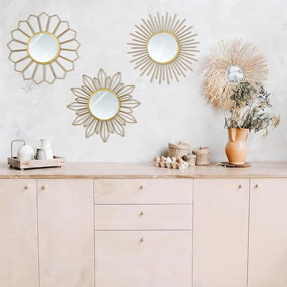 hogardeck Metal Mirrors Wall Decor - 3 Pcs 11" Metal Sunburst Flower Wall Mirrors Home Décor, Decorative Hanging Wall Art for Living Room, Bedroom, Kitchen, Bathroom, Entryway