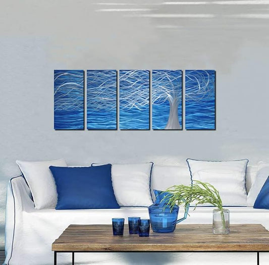 MyArton Unique Metal Wall Sculpture, Metal Wall Art with Tree Painting Design, Abstract Modern and Contemporary Décor, Aluminum Blue Artwork, Indoor and Outdoor decoration, 5 panels 64"Wx24"H