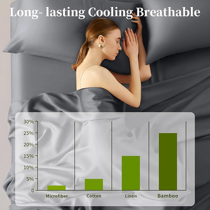 Shilucheng 100% Viscose Derived from Bamboo_ Sheets Cal King Size 4pcs - Ultra Cooling & Silky Soft Bed Sheets, 16" Deep Pocket, Perfect for Hot Sleepers, Hotel Bedding Sheets (Dark Grey)