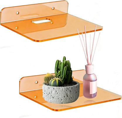 Small Floating Shelves Acrylic Wall Shelf 2 Pack Hanging Shelves for Bedroom, Gaming Room, Living Room, Bathroom, Office with Cable Clips (Orange)