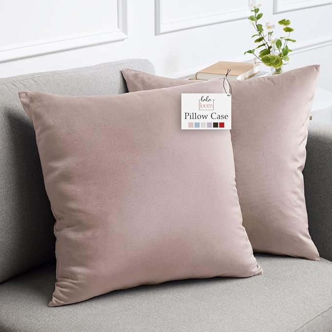 lalaLOOM Velvet Throw Pillow Covers, Set of 2, 24x24 Decorative Square Pillows Home Decor, Soft Accent Cases, Silky Machine Washable Pillowcases for Sofa, Couch, Bedroom, Living Room, Petal Pink