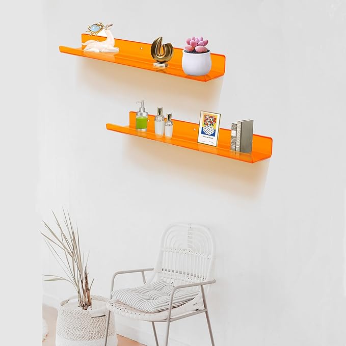 ROYALITA 24 Inches Acrylic Floating Book Shelves Wall Mounted Set of 2, Wall Hanging Plant Display Shelves, Room Decor Floating Wall Shelves for Gaming Room, Bedroom, Living Room, Office, Orange