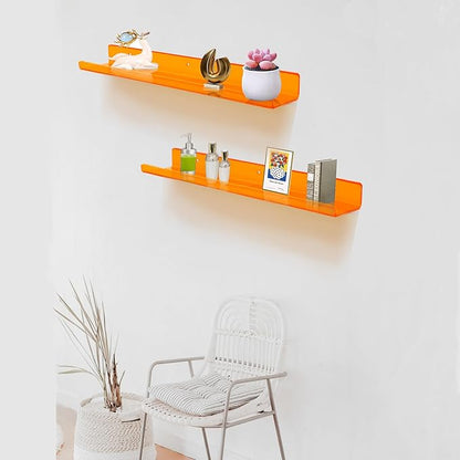 ROYALITA 24 Inches Acrylic Floating Book Shelves Wall Mounted Set of 2, Wall Hanging Plant Display Shelves, Room Decor Floating Wall Shelves for Gaming Room, Bedroom, Living Room, Office, Orange