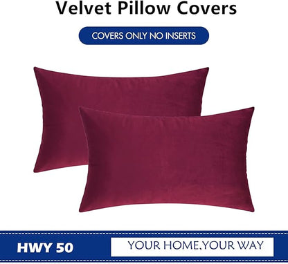 HWY 50 Wine Red Velvet Rectangular Throw Pillow Covers 12x20 Inch, Pack of 2 Soft Cozy Solid Decorative Luxury Cushion Cases for Couch Sofa Bed Living Room Bedroom