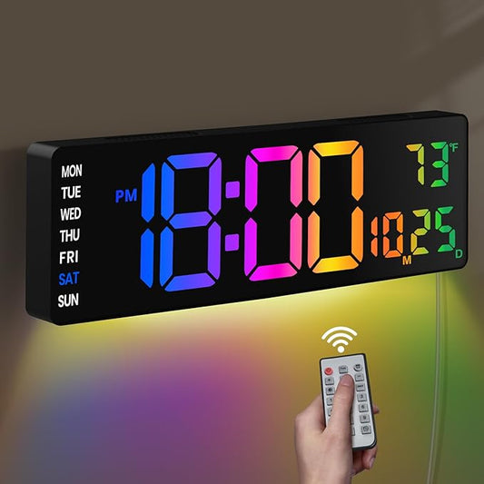 16" Large Digital Wall Clock,9 RGB Colors Digital Clock Large Display with Remote Control,Auto-Dimming,Countdown,Temp,Night Lights for Classroom,Living Room,House Warming, for Elderly