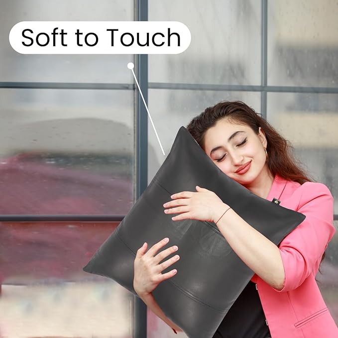 LL LEATHER LOVERS Lambskin Leather Pillow Cover - Sofa Cushion Case - Decorative Throw Covers for Living Room & Bedroom, 16x16 Inches - Black Pack of 2