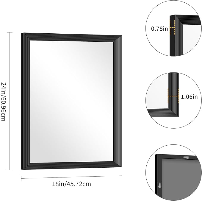 Black Bathroom Mirror 18 x 24 Inch Rectangle Wave Beveled Frame for Wall Bathroom Vanity Mirror for Over Sink, Tempered Glass,for Entryway Hangs, Bathroom Living Room Horizontal or Vertical