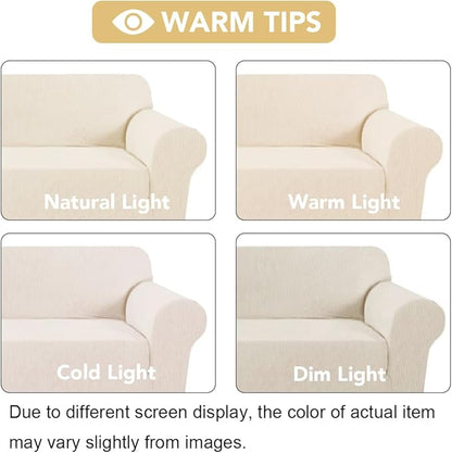 H.VERSAILTEX Stretch Couch Covers for Sofa 1 Piece Slipcovers for Couches and Sofas 3 Seater Couch Cover Feature Thick Checked Jacquard Fabric with Elastic Bottom, 72"-88" Wide, Cream