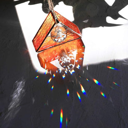 H&D HYALINE & DORA Handcrafted Pyramid in Stained Glass, Stained Glass Window Sun Catcher Hangings Ornament, Crystal Ball Prism Decor for Home Table,Orange