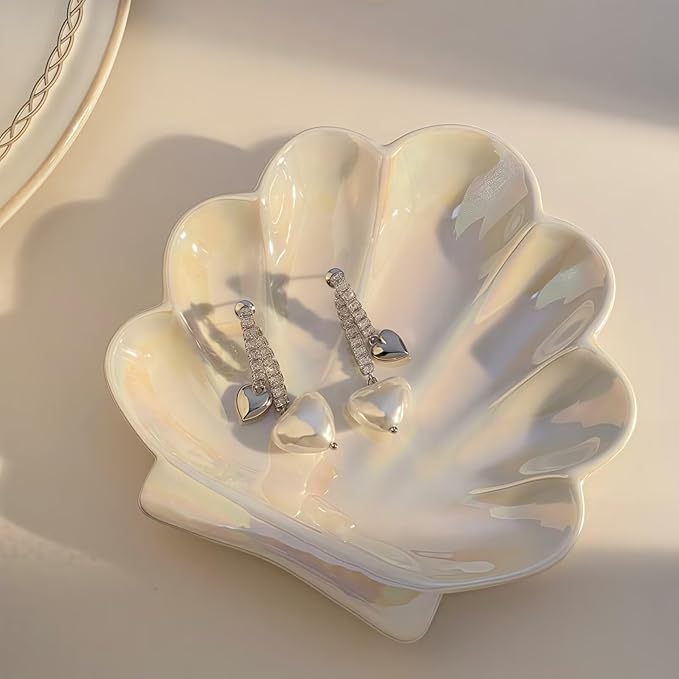 Shell Ceramic Trinket Dish, Cute Ring Earrings Holder Jewelry Tray, Organizer Plate Home Decorations for Bathroom, Bedroom and Dresser Accessories