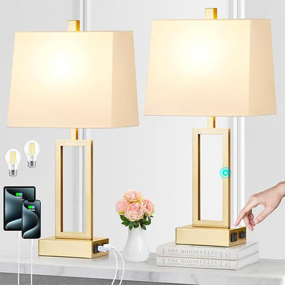 23.5" Touch Control Table Lamps, Metal Bedside Lamp for Bedroom Set of 2 with USB A+C Ports & AC Outlet, 3-Way Dimmable Nightstand Lamp for Living Room (LED Bulb Included)