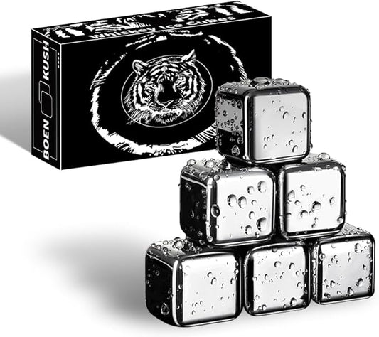 6 Small Whiskey Stones - Man Gift Set - Reusable Stainless Steel Metal Ice Sphere Cubes Beverage Chilling Rocks Whiskey Stones for Red Wine, Bar Beer, Scotch, Vodka Drinks - Silver