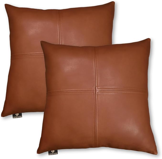 LL LEATHER LOVERS Lambskin Leather Pillow Cover, Hand Panel Stitched Leather Decorative Throw Pillow Covers for Couch Sofa Bed Living Room Garden (16x16 Inches, Brown Pack of 2)