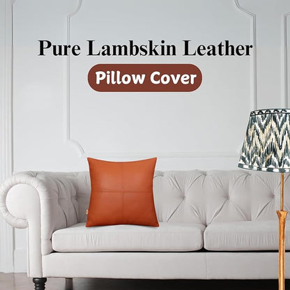Lambskin Leather Pillow Cover, Hand Panel Stitched Leather Decorative Throw Pillow Covers for Couch Sofa Bed Living Room Garden (14x14 Inches, Tan Plain Pack of 1)