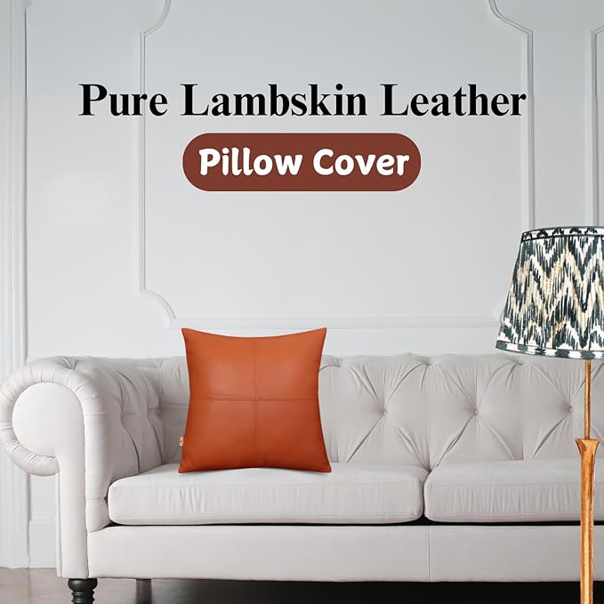 Lambskin Leather Pillow Cover, Hand Panel Stitched Leather Decorative Throw Pillow Covers for Couch Sofa Bed Living Room Garden (16x16 Inches, Tan Plain Pack of 2)