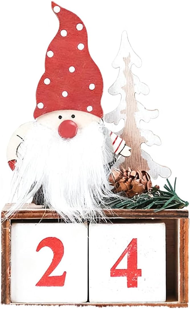 Christmas Wooden Countdown Calendar with Number Blocks – Santa Gnome Tabletop Advent for Christmas and Everyday Use | Holiday & Daily Decoration for Home, Office, Classroom (Red)