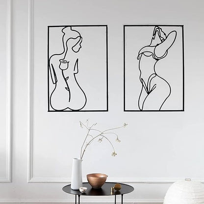 Glamativity Large 4 Pack Black Wall Art, Minimalist Single Line Art, Real Metal Wall Art, Woman's Body Shape Abstract Art (Black Classic Style, L Size 22.5 x 15.7'')