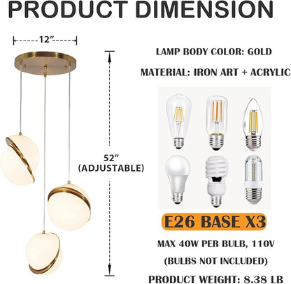 Modern 3-Light Magic Bean Spherical Pendant Light, Gold Chandelier Ceiling Light with Milky White Acrylic Lampshade, Adjustable Nordic Style Hanging Lamp for Corridor Living Room Dining Room