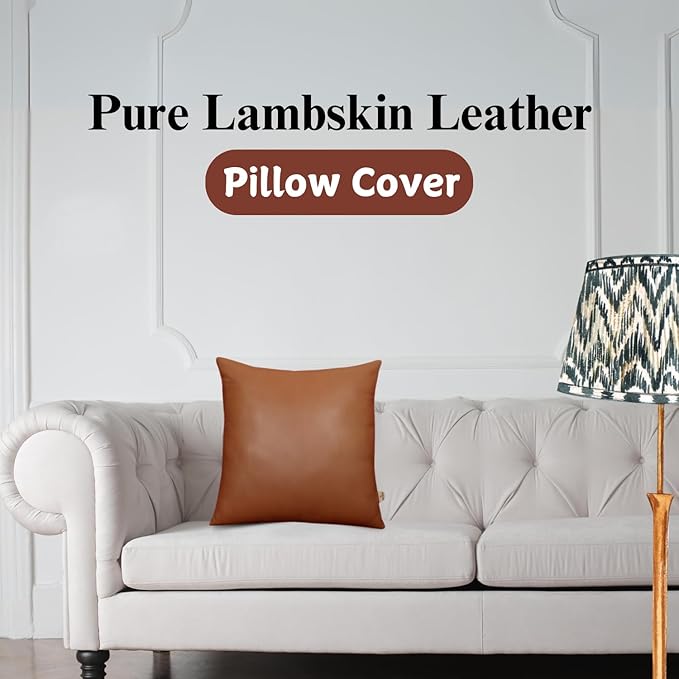Genuine Lambskin Leather Pillow Cover, 18x18 Inch Case for Lumbar Throw Couch Pillows, Thick & Soft Cushion Covers for Sofa Bed Home Décor (Textured Tan Pack of 1)