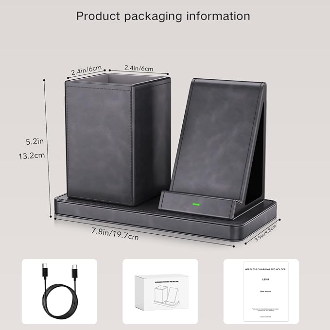 Multi-Functional Pencil Holder for Desk,Gray Vegan Leather Organizers with Remote Control Holder,Pencil Holder,Desk Organizer with Phone Wireless Charger for Office/Nightstand/Endtable