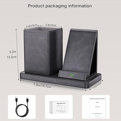 Multi-Functional Pencil Holder for Desk,Gray Vegan Leather Organizers with Remote Control Holder,Pencil Holder,Desk Organizer with Phone Wireless Charger for Office/Nightstand/Endtable