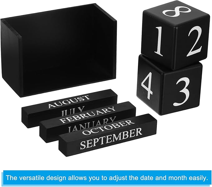 PATIKIL Vintage Wood Block Perpetual Calendar, Reusable Wooden Month Date Display Blocks for Desk Office Home Decoration 6.1", Black