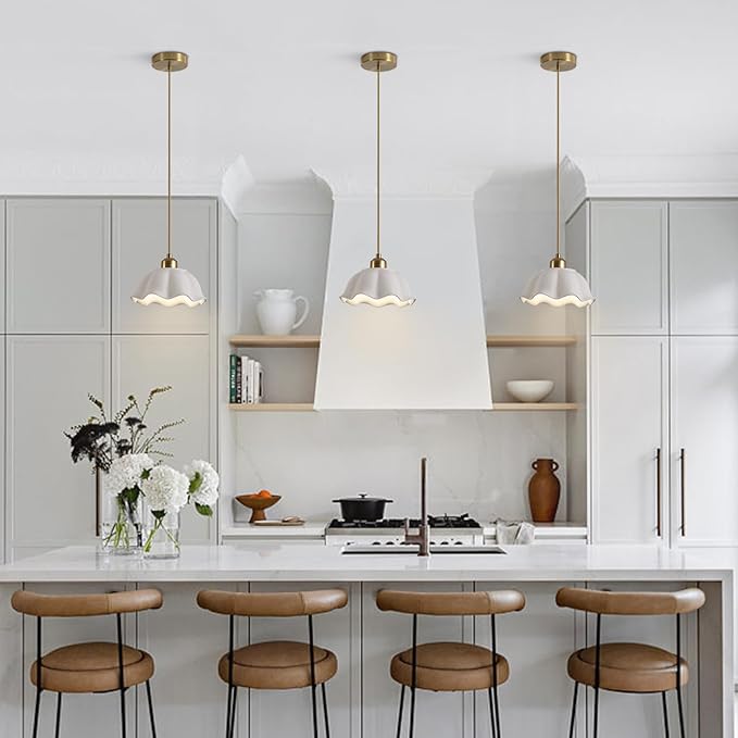 Modern Minimalist White Pleated Ceramics Pendant Lights Kitchen Island Mid Century Opal Glass Dome Adjustable Height Hanging Ceiling Light Fixture Brass Milk Glass Pendant Light MPL11-1 GD