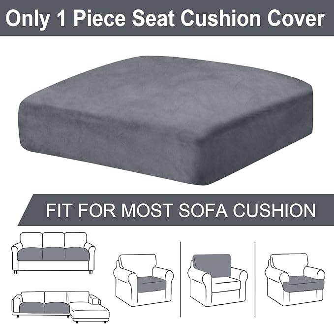 Couch Cushion Cover Velvet 1 Piece Seat Cushion Cover Stretch Armchair Cover Separate Sectional Sofa Slipcovers Furniture Protector (1-Seater or Sofa Backrest, Dark Grey)
