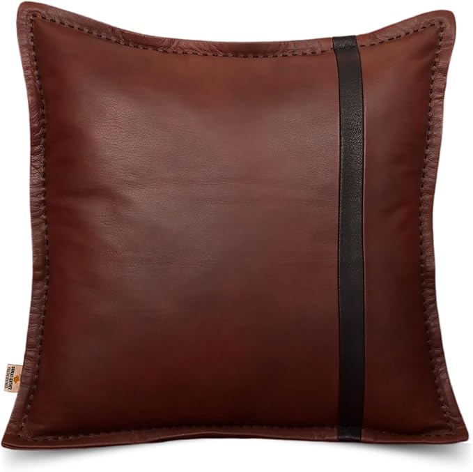 Genuine Lambskin Leather Pillow Cover, 16x16 Inch Case for Lumbar Throw Couch Pillows, Thick & Soft Cushion Covers for Sofa Bed Home Décor (Dark Brown & Black Box Pack of 1)