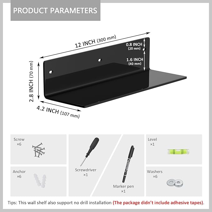 Sezanrpt 12 Inches Black Wall Shelves Set of 2, Acrylic Bathroom Shelves Wall Mounted for Home Décor, Plants, Cosmetics, Skincare, Moisture-Proof, 4'' Depth, 2 Pack