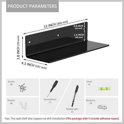 Sezanrpt 12 Inches Black Wall Shelves Set of 2, Acrylic Bathroom Shelves Wall Mounted for Home Décor, Plants, Cosmetics, Skincare, Moisture-Proof, 4'' Depth, 2 Pack