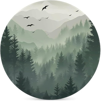 Round-4PCS Forest Drink Coasters,Modern Ceramic Absorbent Coasters, Watercolor Green Forest Flying Birds Nature Mountain Tree Woodland Decor Desk Coffee Table Coaster for Beverage Cup Tea Coasters