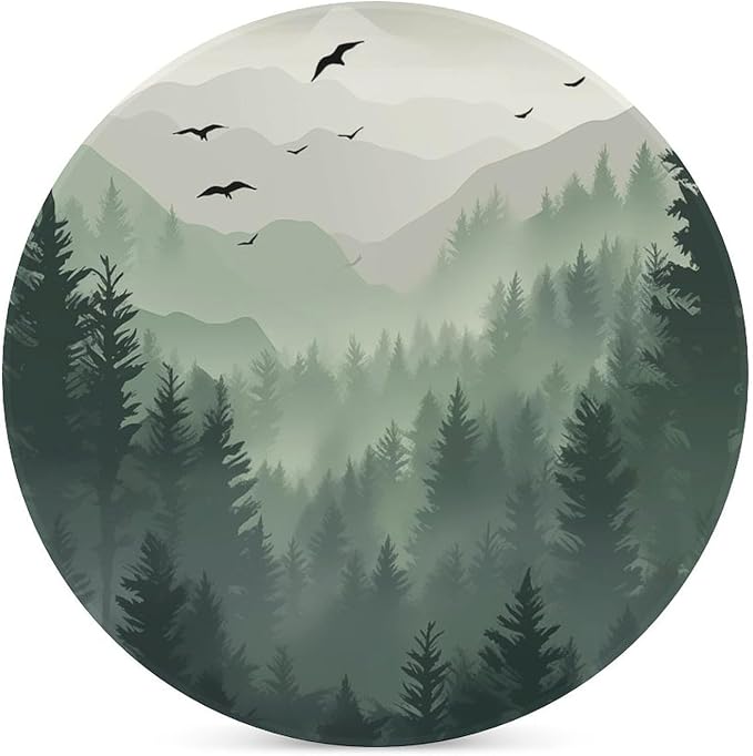 Round-6PCS Forest Ceramic Coasters, Round Absorbent Drink Coasters, Watercolor Green Forest Flying Birds Nature Mountain Tree Woodland Ceramic Table Coasters for Coffee, Beverage, Wine, Beer Coasters