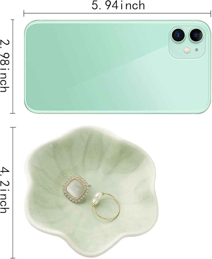 Ceramic Trinket Dish, Ring Tray, Decorative Jewelry Dish for Earrings Necklaces Watch Keys Women (Green Leaf)