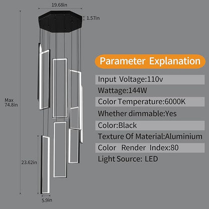 Modern Kitchen Island Dimmable Pendant Light Fixture Black 144W LED Pendant Lights 8 Rings Rectangular Chandelier Staircase Large Chandelier Lobby Living Room Foyer High Ceiling Chandeliers