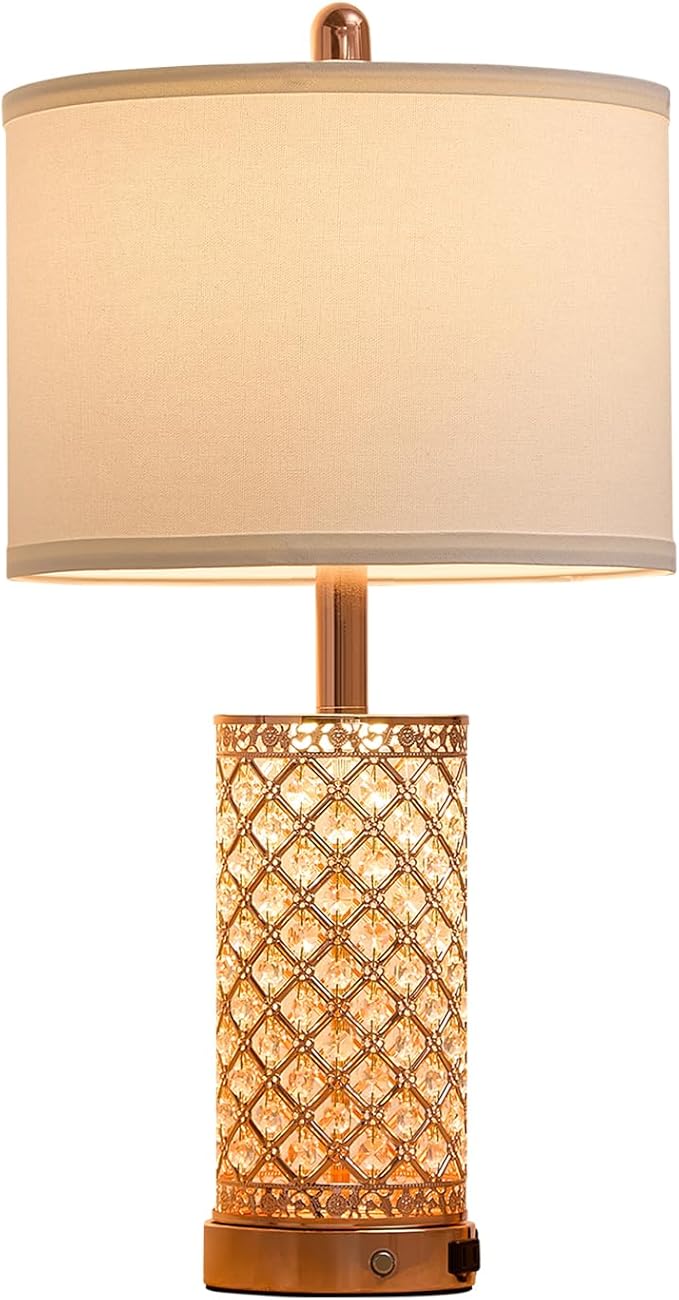 Crystal Table Lamps Modern 3-Way Dimmable Bedside Lamp with 2 USB Ports & AC Outlets for Living Room Bedroom Nightstand Lamp Night Light (Rose Gold-2 Pack 24In)
