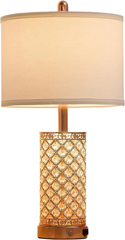 Crystal Table Lamps Modern 3-Way Dimmable Bedside Lamp with 2 USB Ports & AC Outlets for Living Room Bedroom Nightstand Lamp Night Light (Rose Gold-2 Pack 24In)