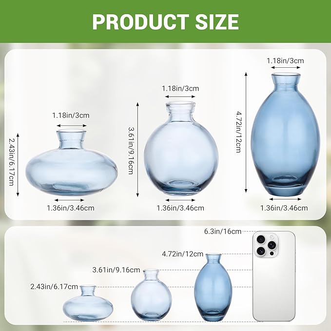 Suream Blue Small Vase, 3 Packs Decorative Bud Vases in Bulk for Centerpieces, Mini Vases for Rustic Wedding Floral Arrangements Home Decorations