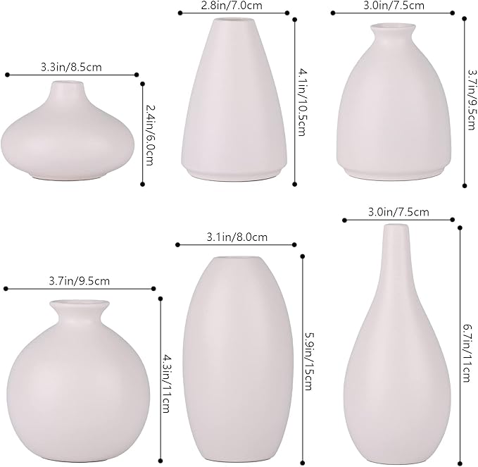 Set of 6 Matte White Small Vases for Flowers, Ceramic Bud Vase Bulk Boho Centerpieces for Tables, Mini Short Vase Modern Bulk Wedding Centerpieces Ikebana Vases for Bridal Shower/House Warming Gift