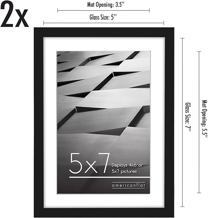 Americanflat 5x7 Picture Frame with Shatter-Resistant Glass - Set of 2 - Streamline Collection - Thin Border Photo Frame for Tabletop and Wall - Hanging Hardware and Easel Stand Included - Black