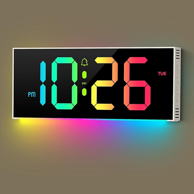 Large Digital Wall Clock 12", Digital Clock with Full Screen Display, 12 RGB Colors Changing, DST, Wall Clock with Night Lights for Elderly Living Room Bedroom Gaming Room (Whie)