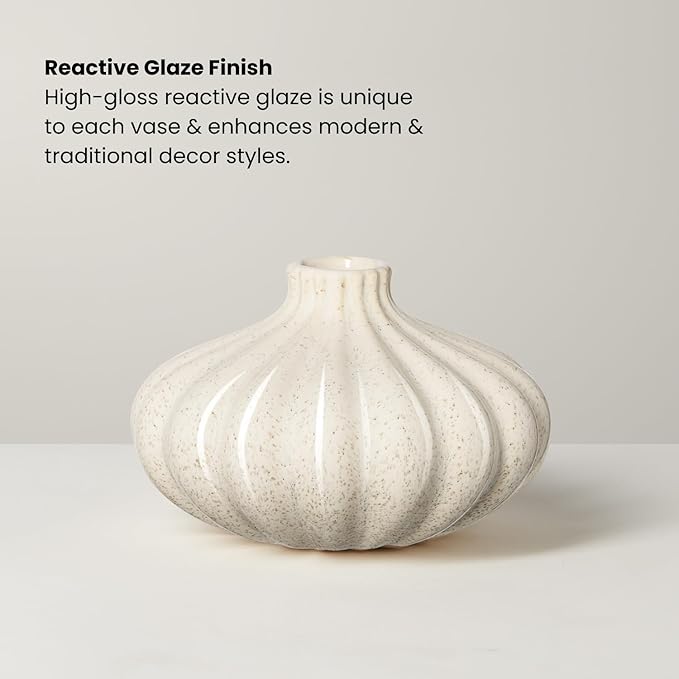 Torre & Tagus Allium Reactive Glaze Ceramic Bud Vase - 3 Inch Mini Flower Vase & Small Ceramic Vases for Flowers, Handmade Ribbed Bud Vases for Home Decor & Wedding Decor for Table