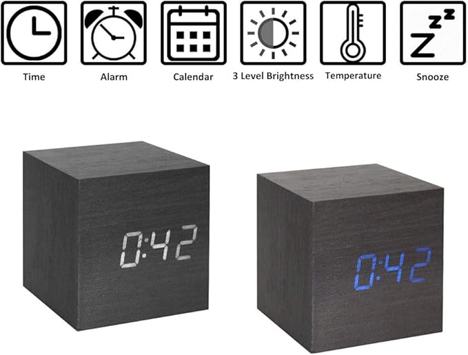 Lancoon Wooden Alarm Clock - Mini Cube LED Digital Clock with Time/Date/Temperature Display, 3 Levels Brightness and Voice Control Great for Home Office Travel - AC10Black_Blue