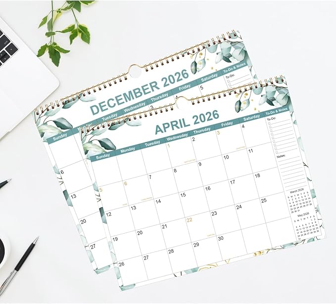 2026 Calendar - Calendar 2026 from January 2026 - December 2026, 12 Months Calendar with Premium Paper, Twin-Wire Binding & Hanging Hook, 12" x 14.5", Green Leaf