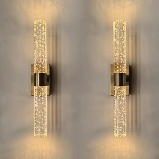Cordless Rechargeable Crystal Wall Sconces Battery Operated Set of 2 | Brushed Gold Crystal Wall Lights Battery Sconces Wall Decor Picture Light for Living Room Bathroom Bedroom (2 Pack, Gold, 15.5'')