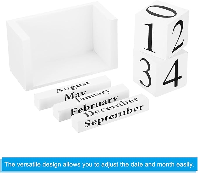 PATIKIL Vintage Wood Block Perpetual Calendar, Reusable Wooden Month Date Display Blocks for Desk Office Home Decoration 3.7", White
