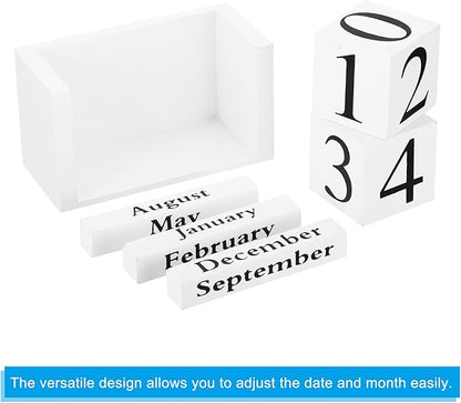 PATIKIL Vintage Wood Block Perpetual Calendar, Reusable Wooden Month Date Display Blocks for Desk Office Home Decoration 3.7", White