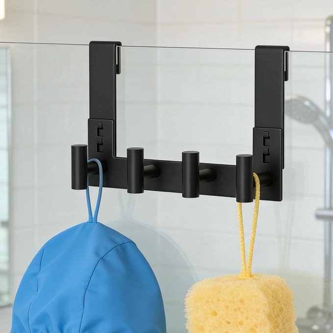 PMMASTO No-Drill Extra Long Shower Hooks, Fits 3/8" Thick Door, Heavy Duty Stainless Steel Towel Hooks for Frameless Glass Shower Door, Holds Bathrobe Towel (Black, 4 T-Hooks)