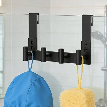 PMMASTO No-Drill Extra Long Shower Hooks, Fits 3/8" Thick Door, Heavy Duty Stainless Steel Towel Hooks for Frameless Glass Shower Door, Holds Bathrobe Towel (Black, 4 T-Hooks)